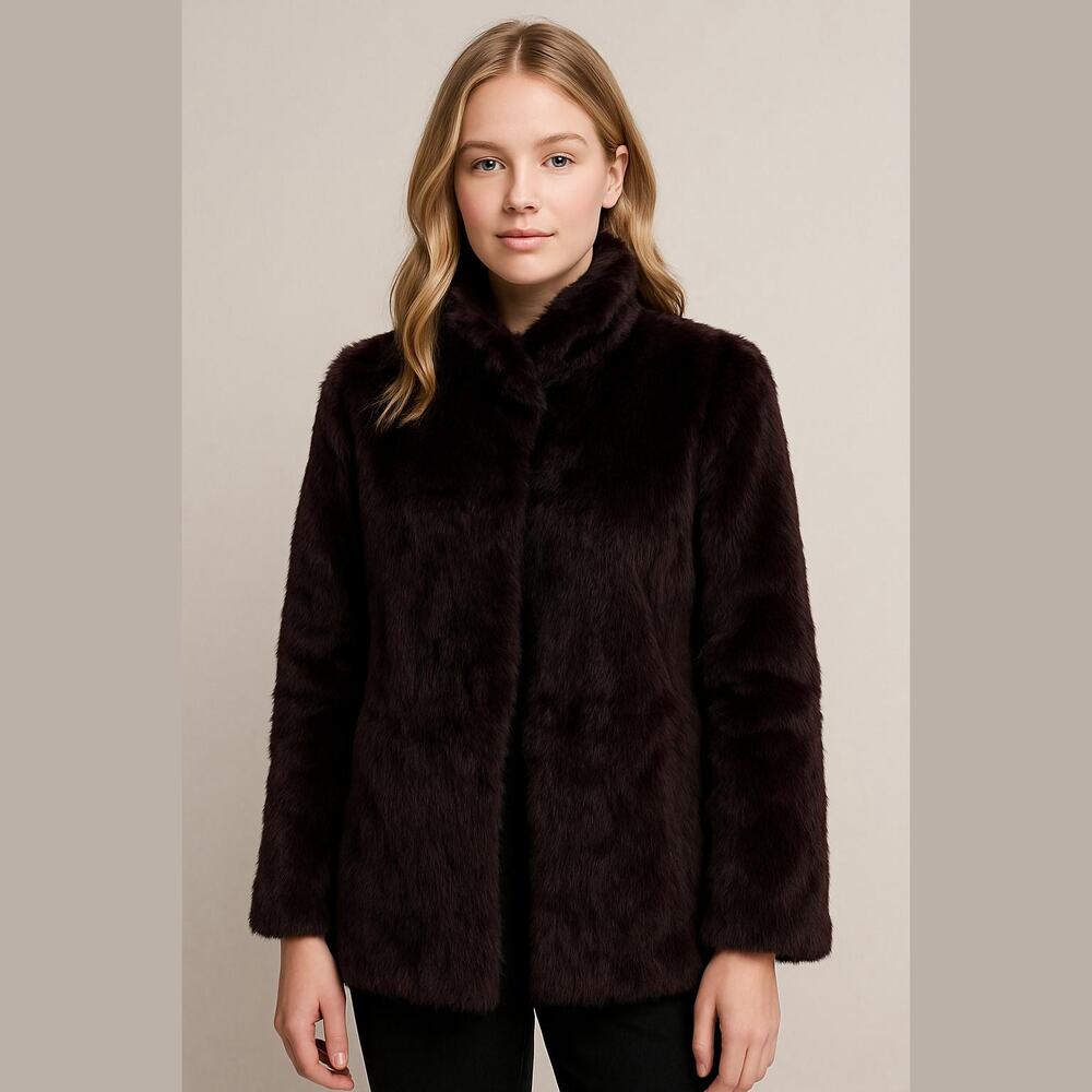Vintage 70s Brown Maroon Genuine Rabbit Fur Red Lined Hip Length Coat Jacket XS